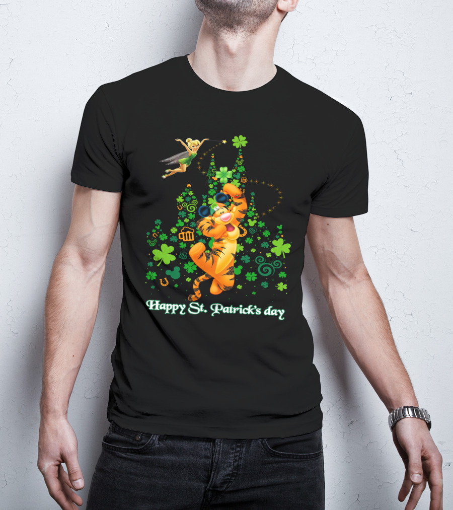 Happy St. Patrick's Day Tigger And Tinkerbell Celebration With Shamrocks And Icons T-Shirt