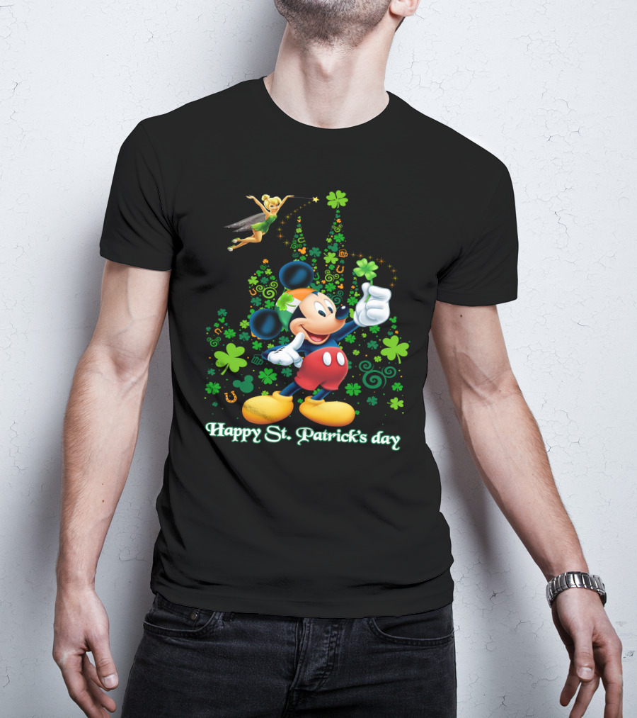 Mickey Happy St. Patrick's Day With Tinker Bell And Shamrocks T-Shirt