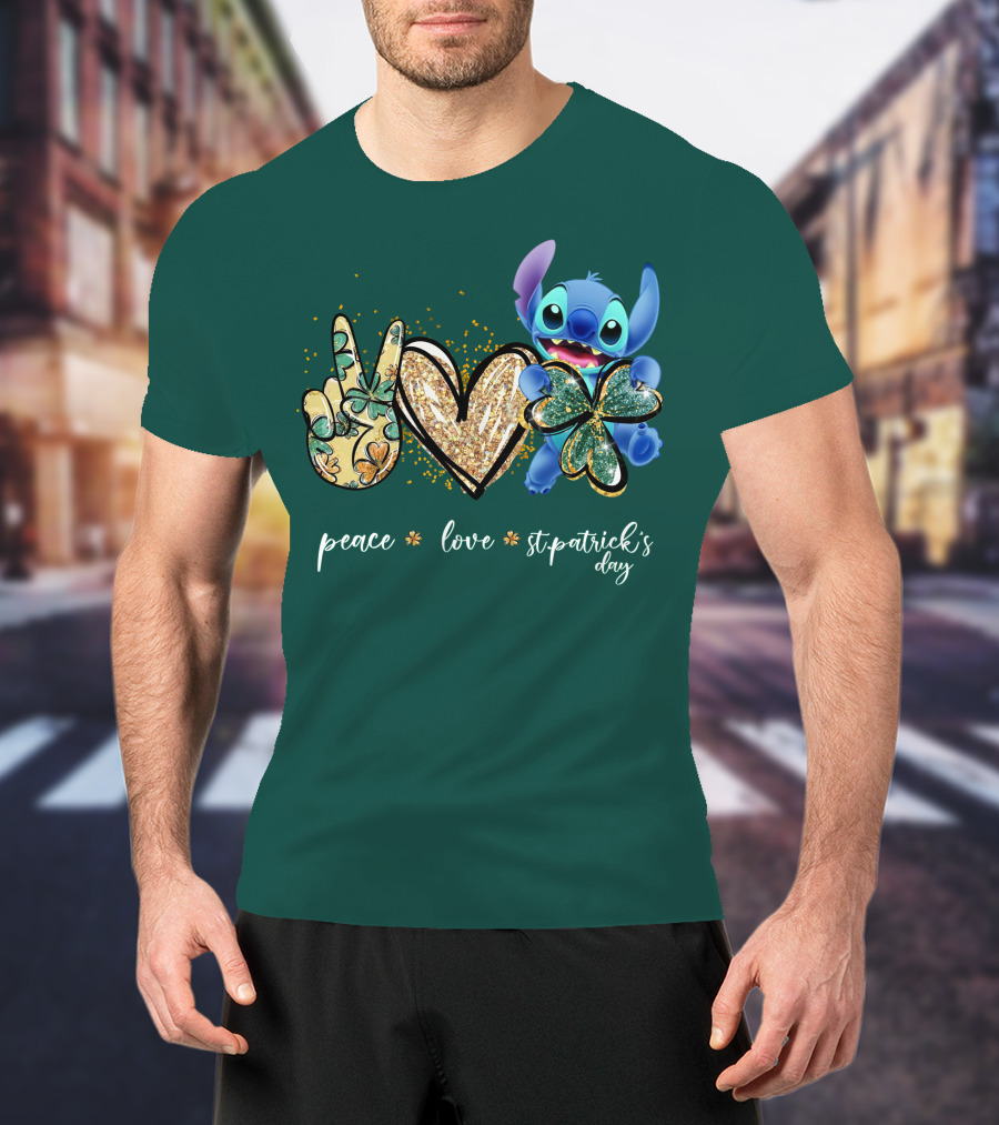 Peace Love St. Patrick's Day Stitch Shamrock Clover T-Shirt