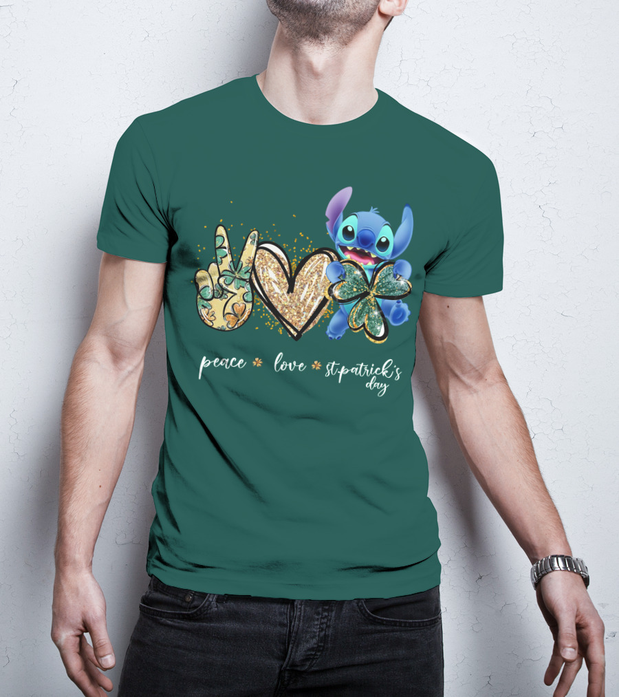 Peace Love St. Patrick's Day Stitch Shamrock Clover T-Shirt