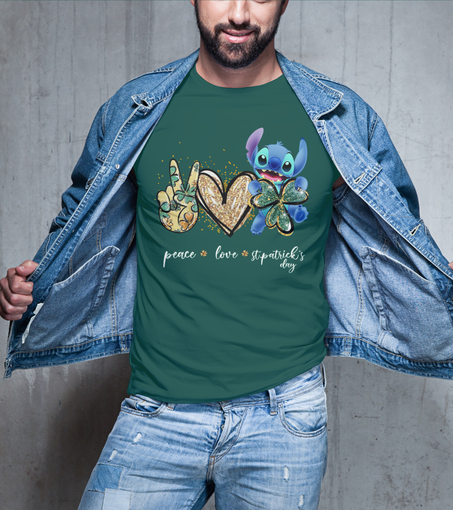 Peace Love St. Patrick's Day Stitch Shamrock Clover T-Shirt
