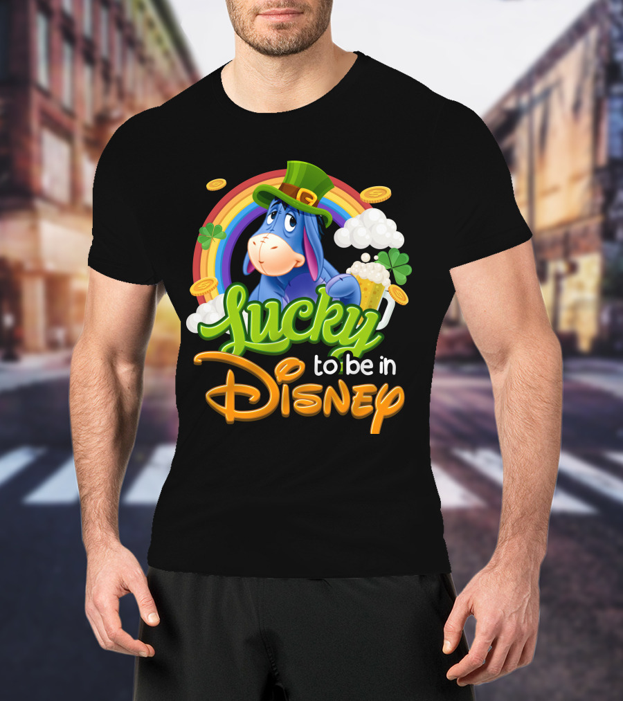 Eeyore Lucky To Be In Disney St. Patrick's Day Rainbow And Coins T-Shirt