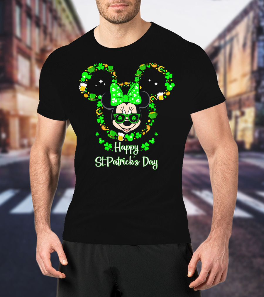 Happy St. Patrick's Day Minnie Mouse With Green Shamrocks And Accessories T-Shirt