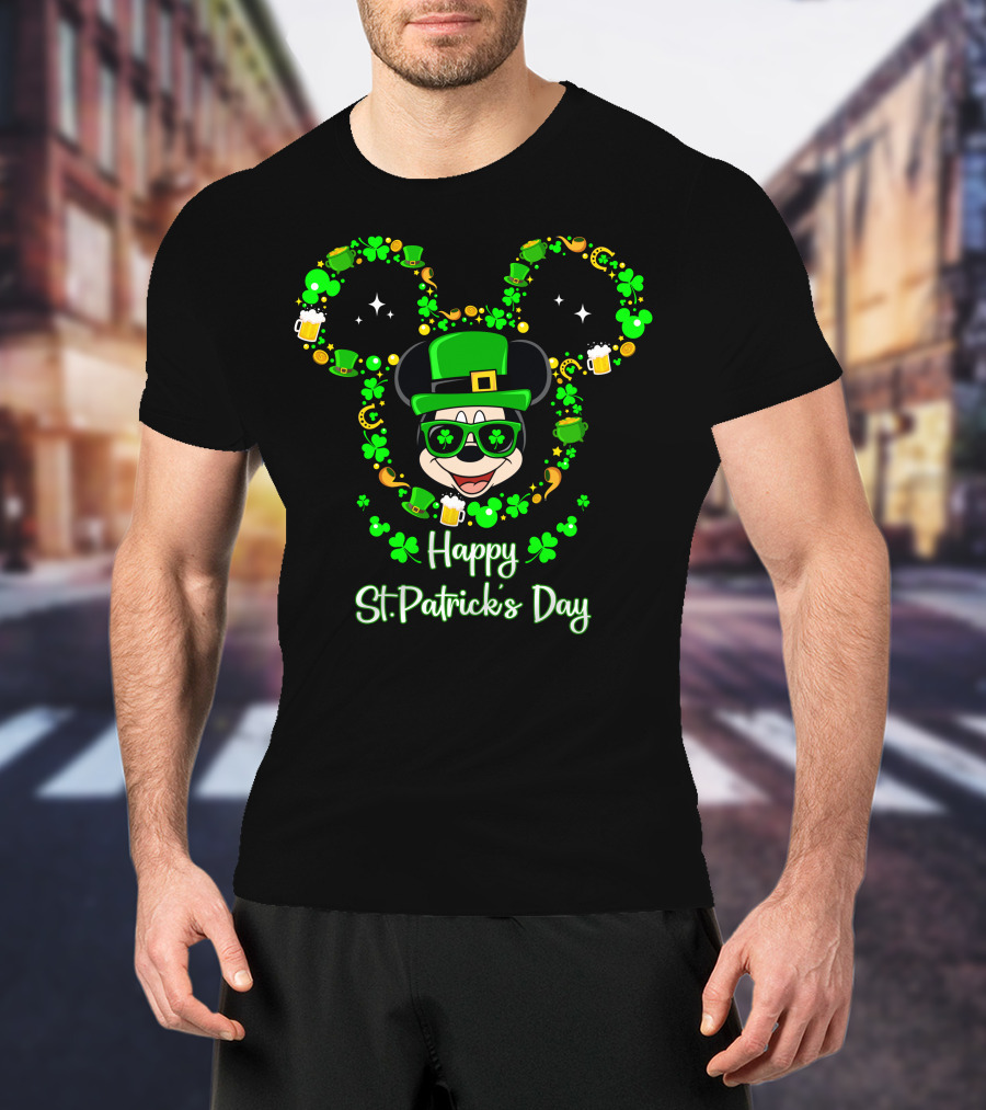 Happy St. Patrick's Day Mickey Graphic With Leprechaun Hat And Shamrocks T-Shirt