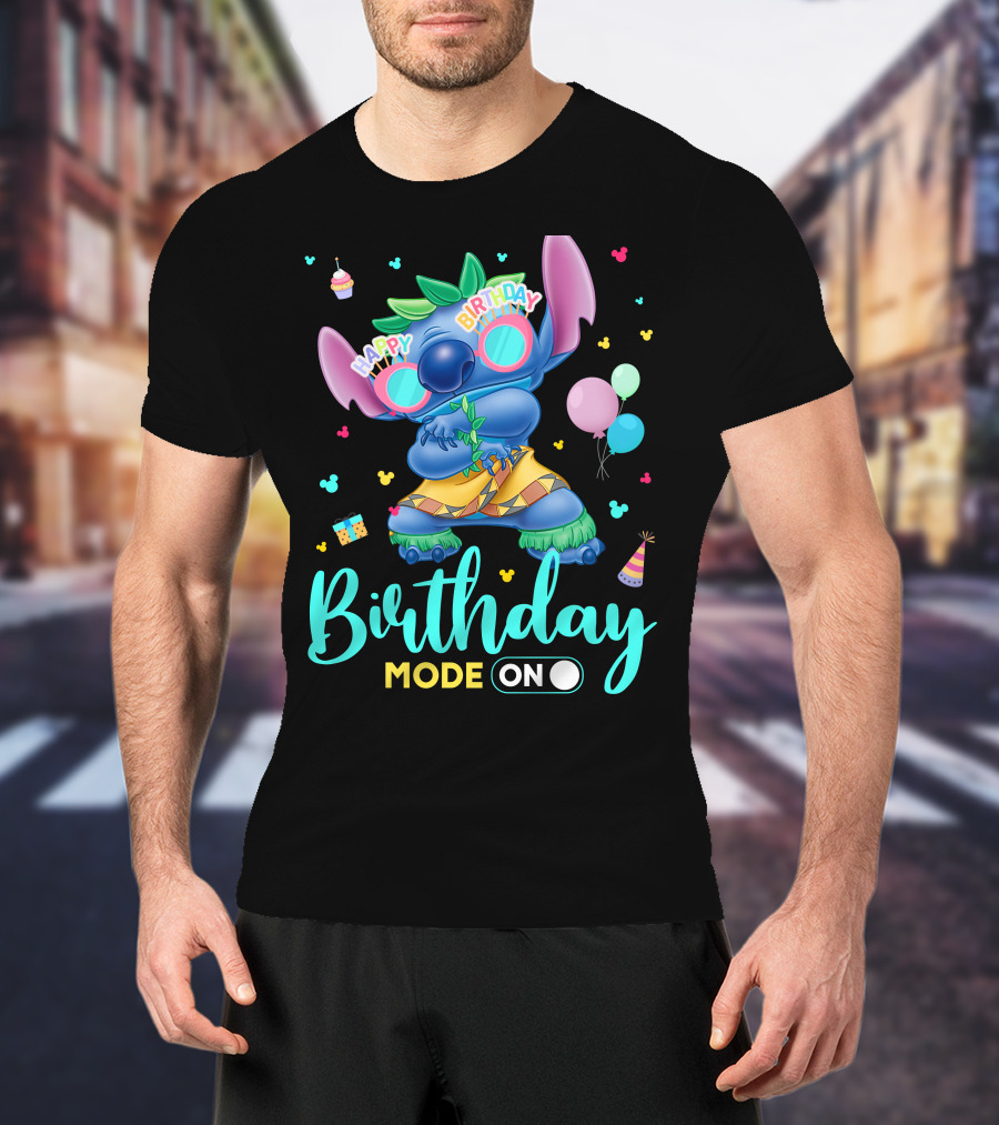 Stitch Birthday Mode On With Balloons And Cupcake T-Shirt