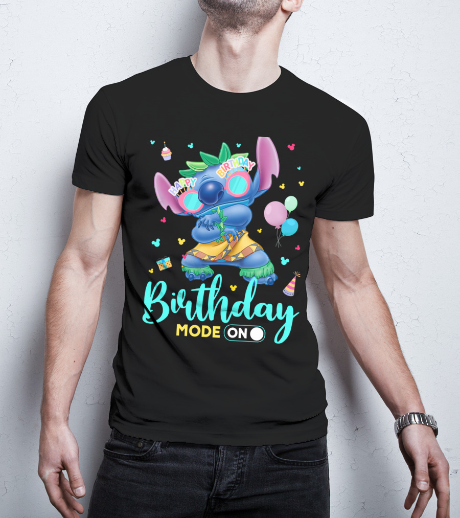 Stitch Birthday Mode On With Balloons And Cupcake T-Shirt