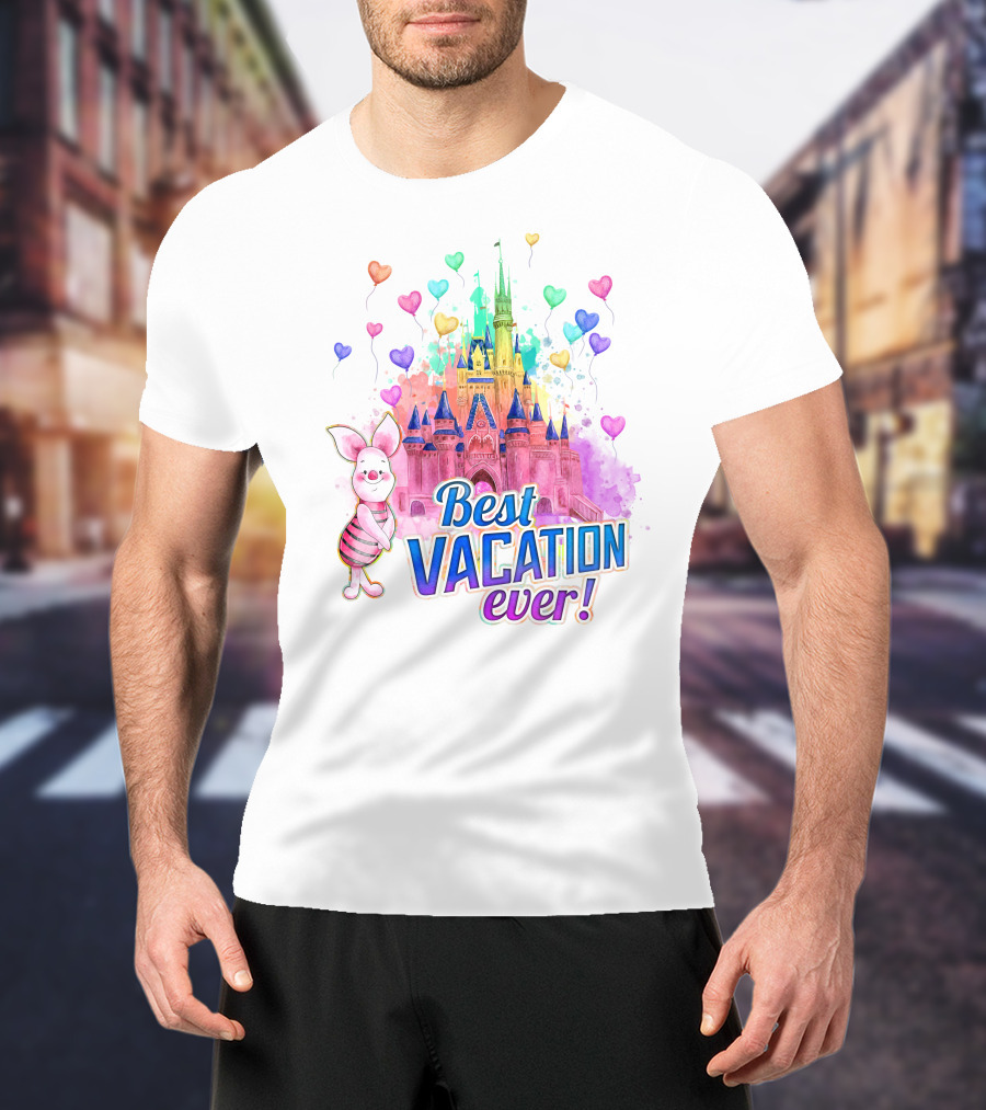 Piglet Best Vacation Ever Colorful Castle And Hearts T-Shirt