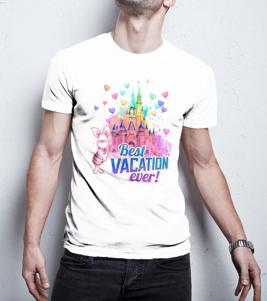 Piglet Best Vacation Ever Colorful Castle And Hearts T-Shirt