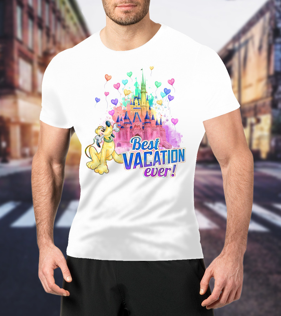 Best Vacation Ever Pluto With Colorful Castle And Heart Balloons T-Shirt