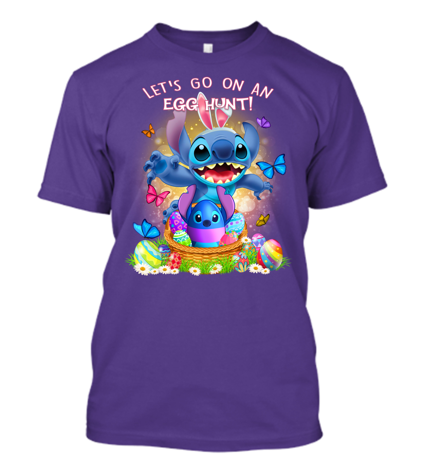 Let's Go On An Egg Hunt With Stitch Basket Of Eggs And Butterflies T-Shirt