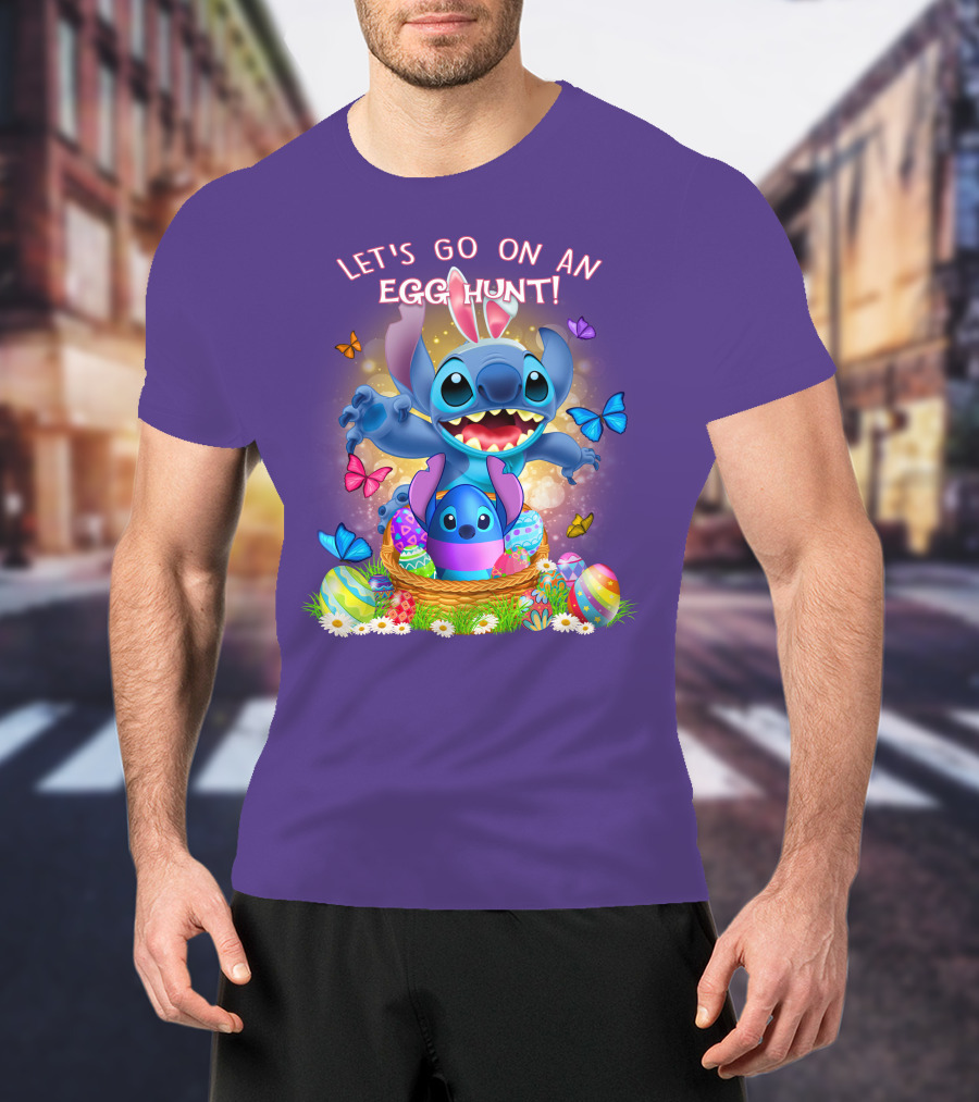 Let's Go On An Egg Hunt With Stitch Basket Of Eggs And Butterflies T-Shirt