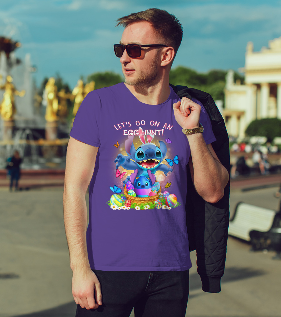 Let's Go On An Egg Hunt With Stitch Basket Of Eggs And Butterflies T-Shirt
