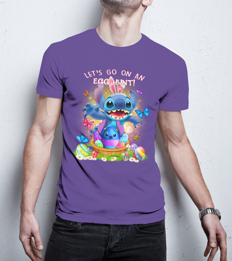 Let's Go On An Egg Hunt With Stitch Basket Of Eggs And Butterflies T-Shirt