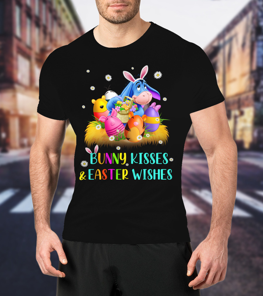 Bunny Kisses And Easter Wishes Eeyore Colorful Eggs Basket T-Shirt