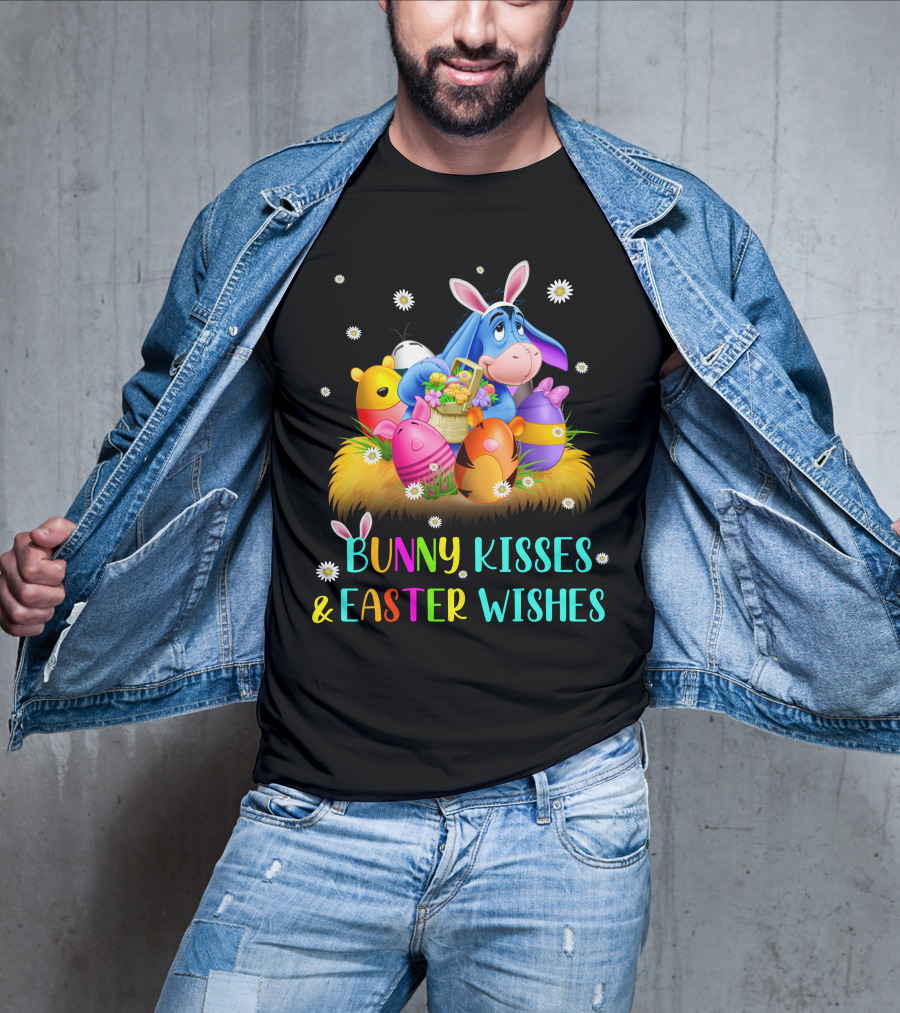 Bunny Kisses And Easter Wishes Eeyore Colorful Eggs Basket T-Shirt