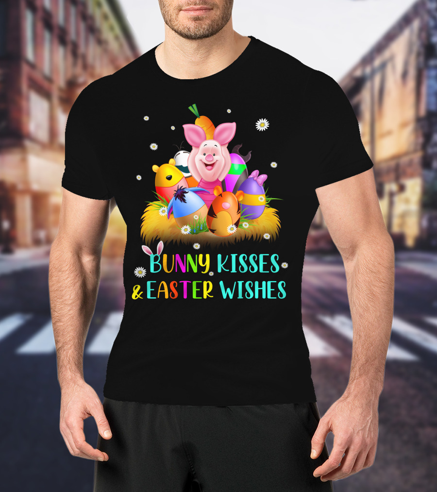 Bunny Kisses & Easter Wishes Piglet Colorful Eggs And Flowers T-Shirt