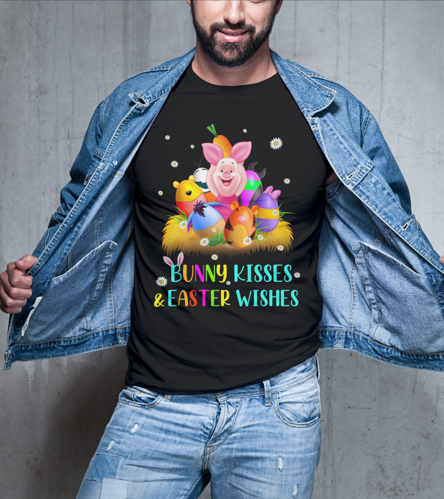 Bunny Kisses & Easter Wishes Piglet Colorful Eggs And Flowers T-Shirt