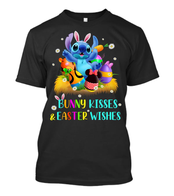 Bunny Kisses & Easter Wishes Stitch With Colorful Eggs And Spring Flowers T-Shirt