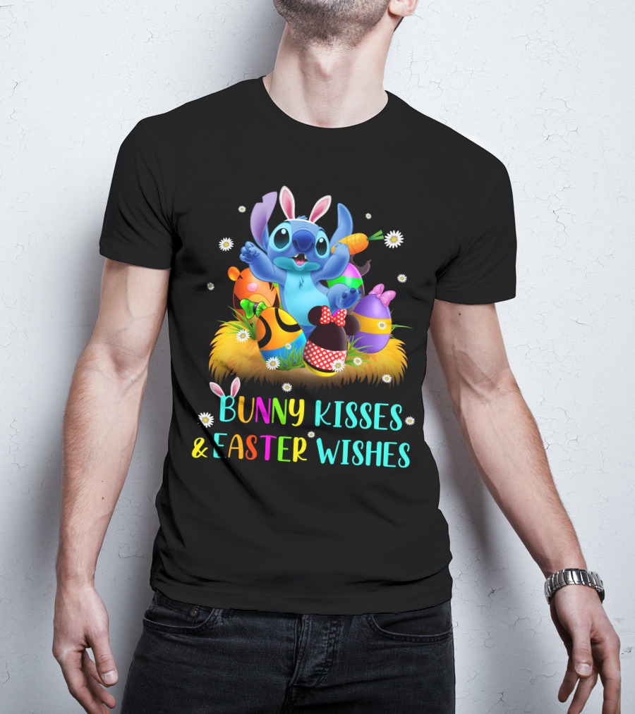 Bunny Kisses & Easter Wishes Stitch With Colorful Eggs And Spring Flowers T-Shirt