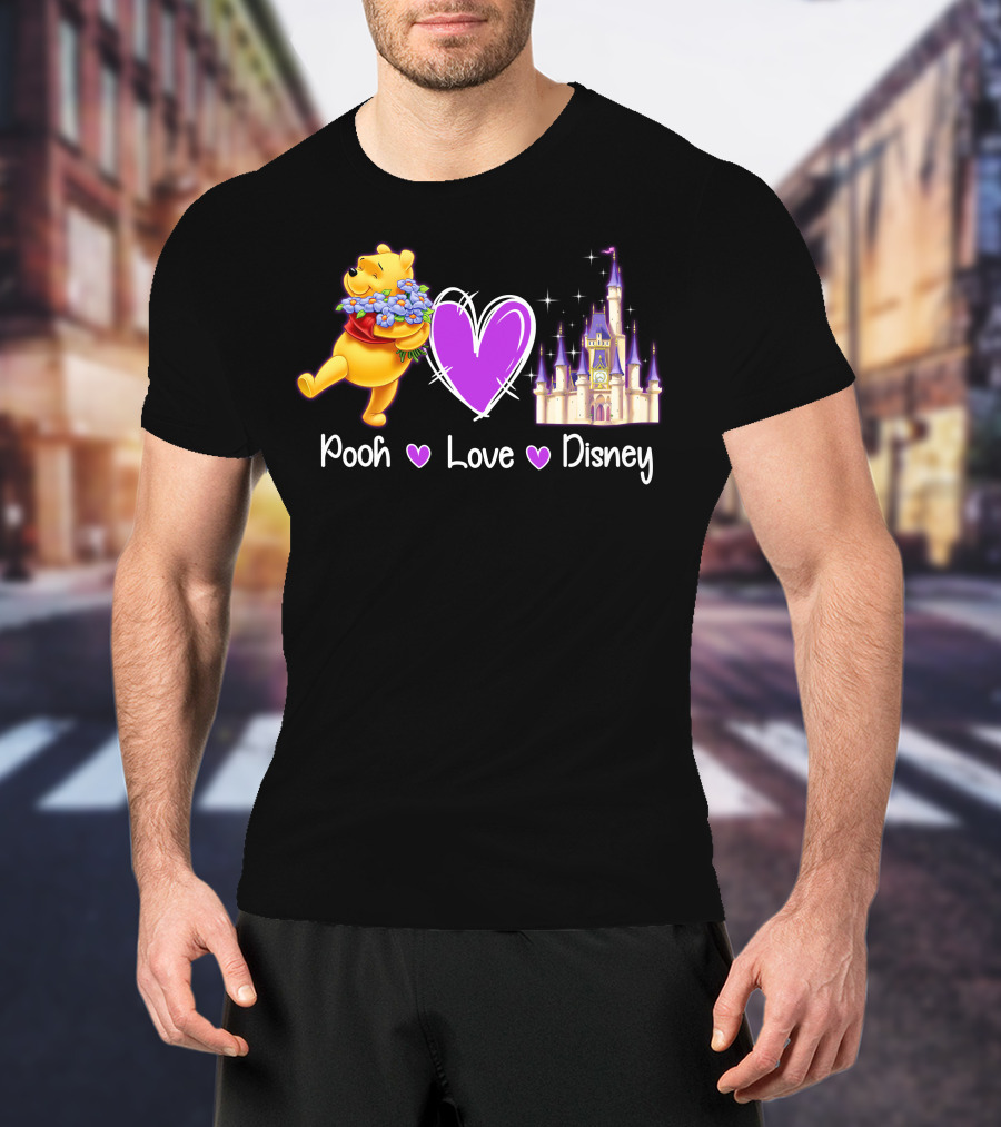 Pooh Love Disney With Purple Heart And Castle T-Shirt
