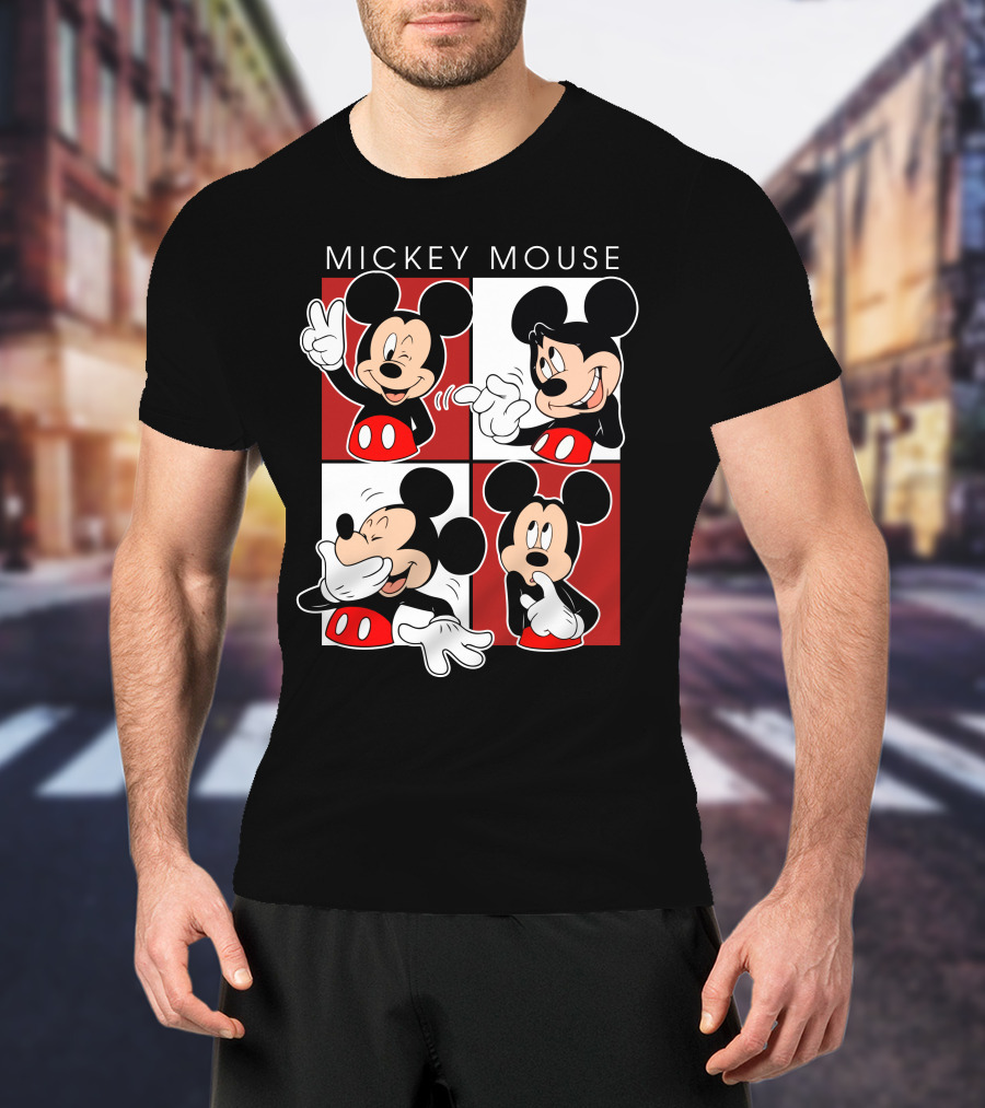 Mickey Mouse Expressive Poses Red And White Comic Panel T-Shirt