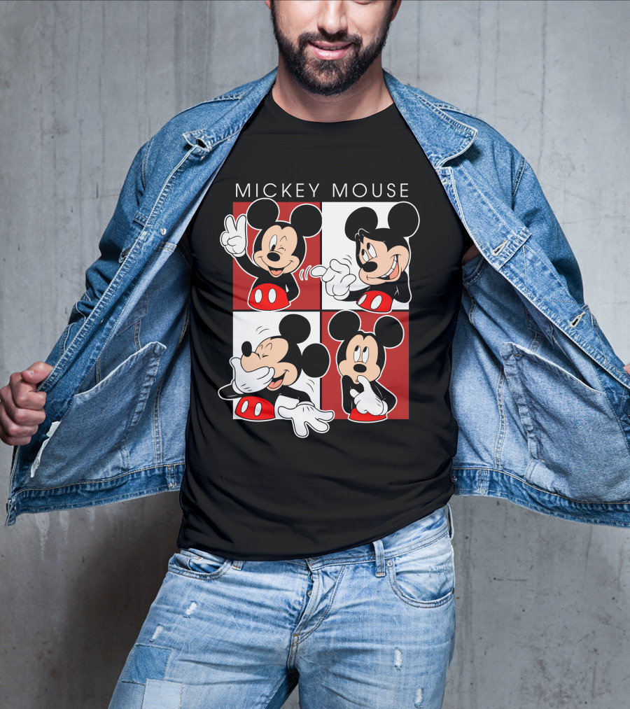 Mickey Mouse Expressive Poses Red And White Comic Panel T-Shirt
