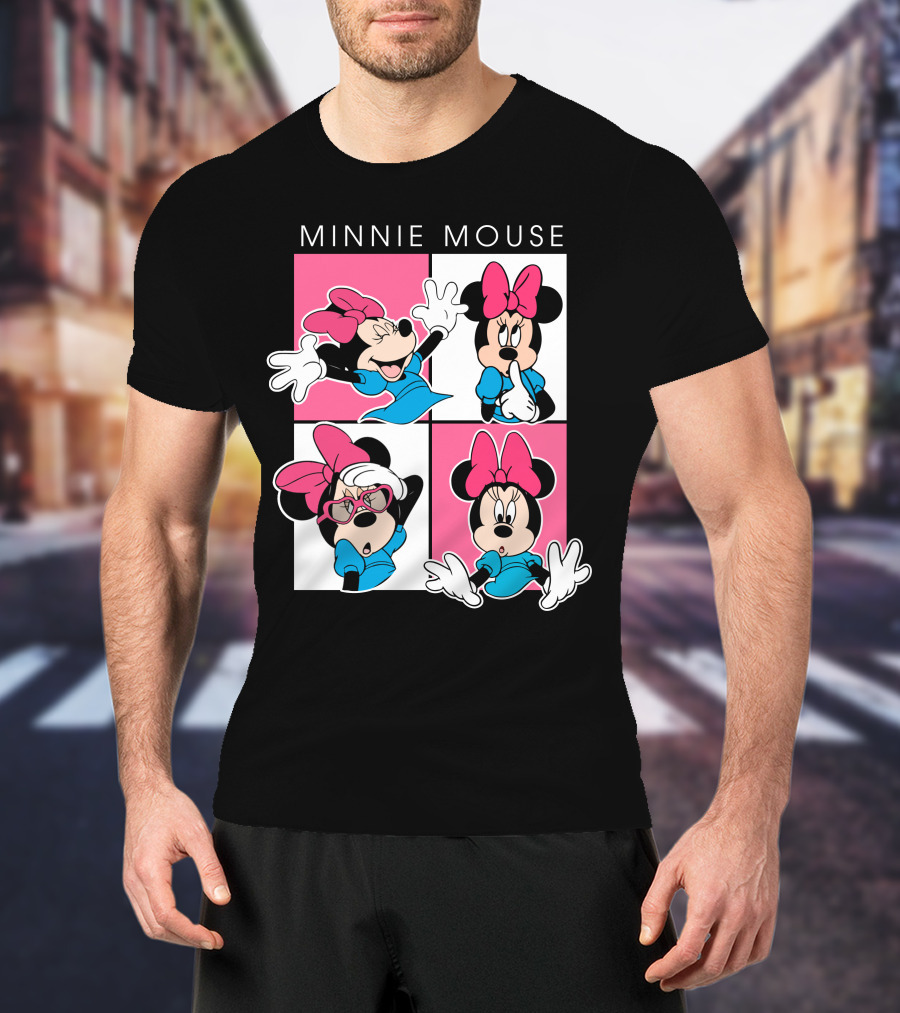 Minnie Mouse Expressive Poses In Blue Dress And Pink Bows T-Shirt