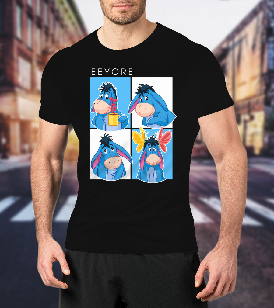 Eeyore Cartoon Expressions With Flowers And Mug T-Shirt