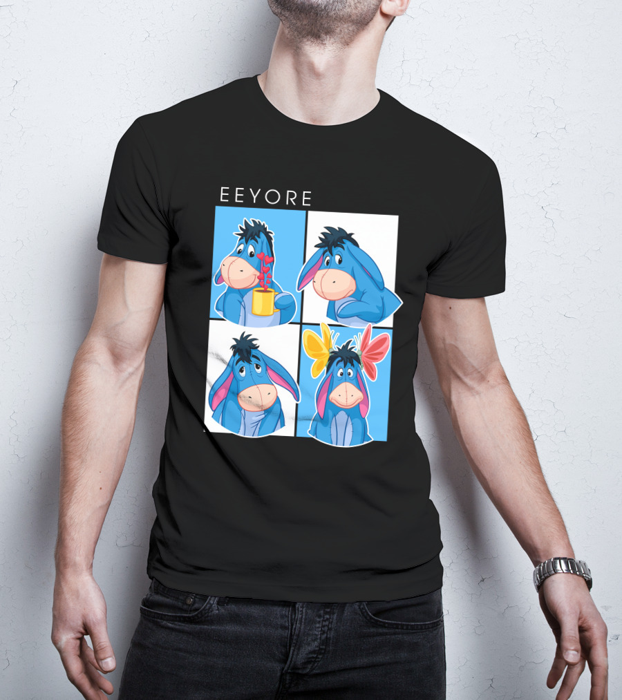Eeyore Cartoon Expressions With Flowers And Mug T-Shirt