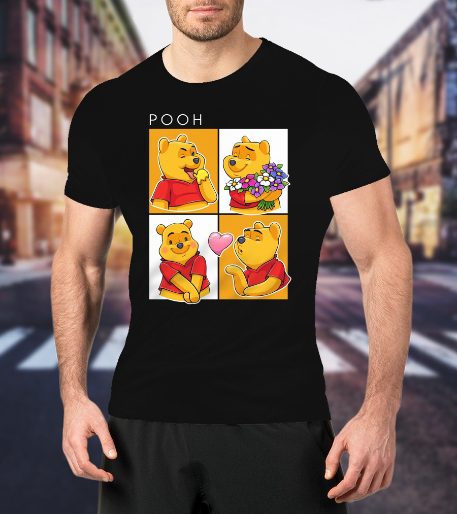 Pooh Cute Expressions And Flowers With Heart T-Shirt