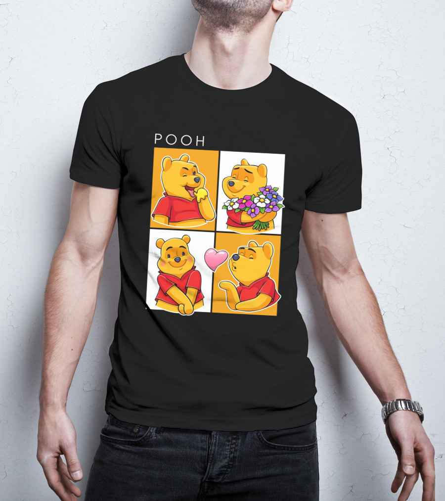 Pooh Cute Expressions And Flowers With Heart T-Shirt