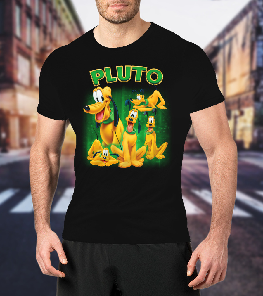 Pluto Classic Disney Character With Multiple Expressions On Green T-Shirt