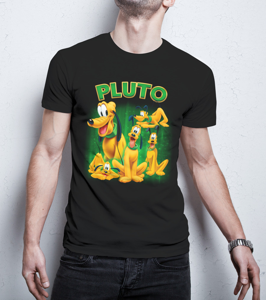 Pluto Classic Disney Character With Multiple Expressions On Green T-Shirt