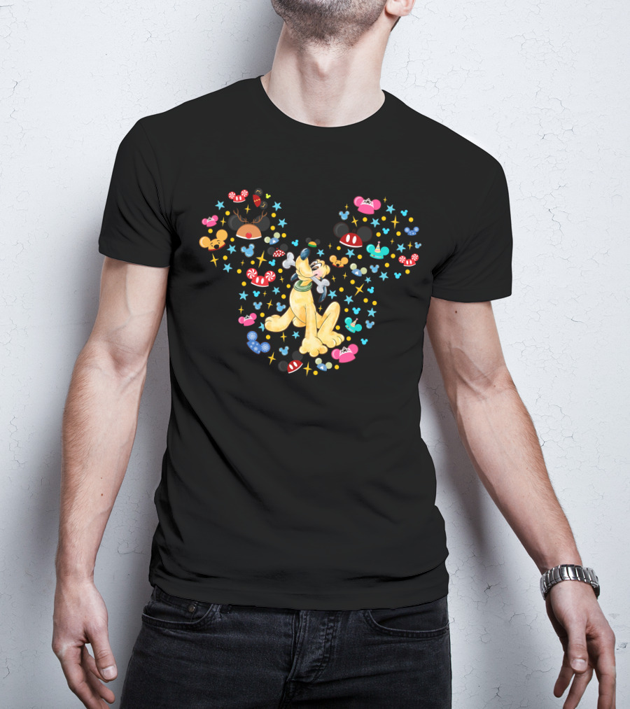 Pluto Surrounded By Mickey Mouse Ears And Holiday Icons T-Shirt