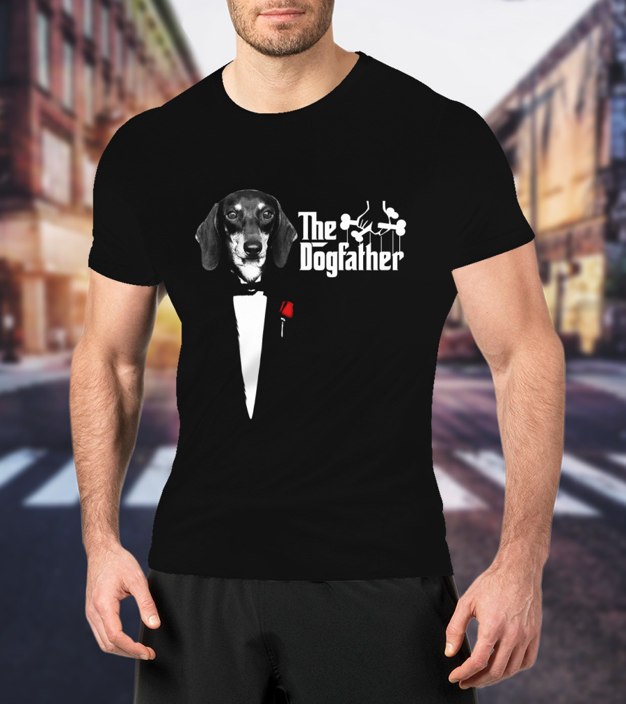 The Dogfather Dashund Tuxedo Rose Puppeteer T-Shirt
