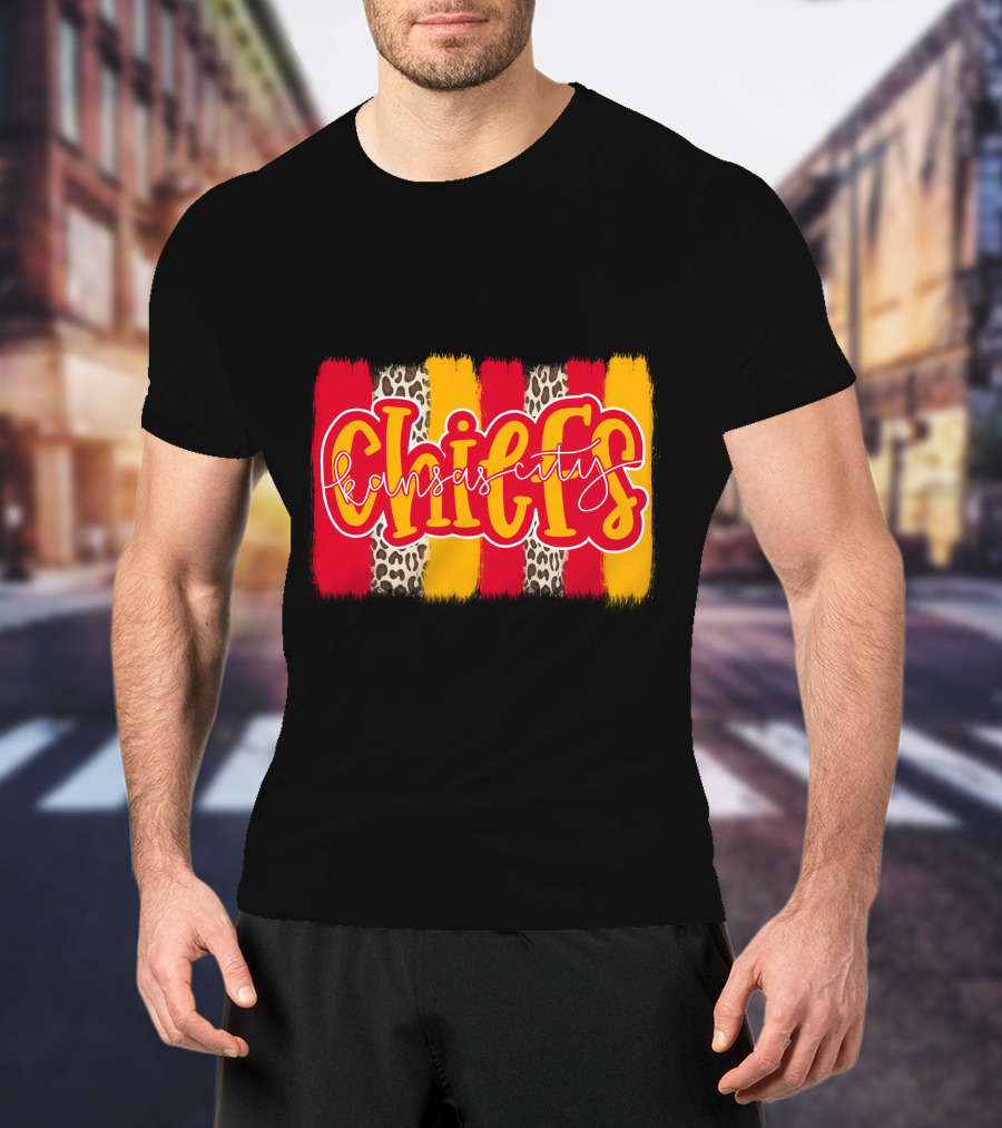 Kansas City Chiefs Handlettered Red Gold Leopard Stripes T-Shirt