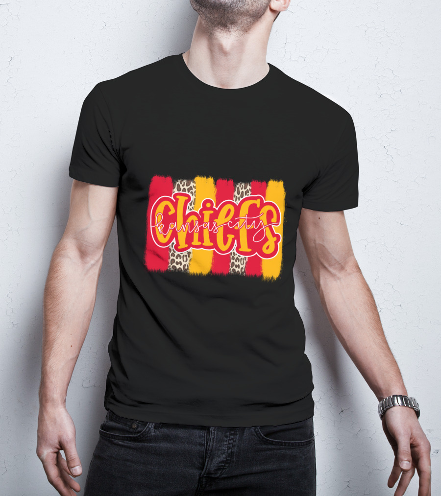 Kansas City Chiefs Handlettered Red Gold Leopard Stripes T-Shirt
