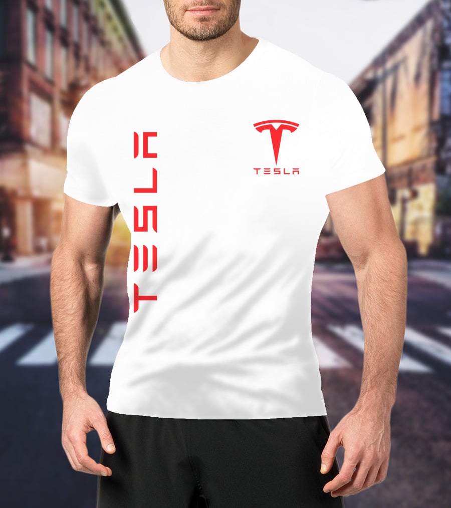 Tesla Vertical And Logo Red T-Shirt