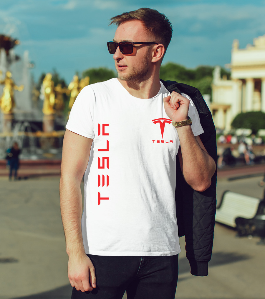 Tesla Vertical And Logo Red T-Shirt
