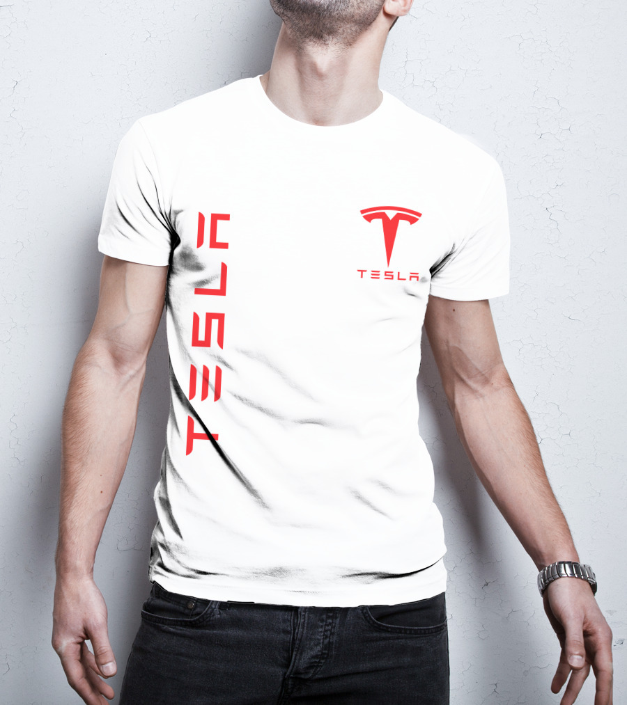 Tesla Vertical And Logo Red T-Shirt