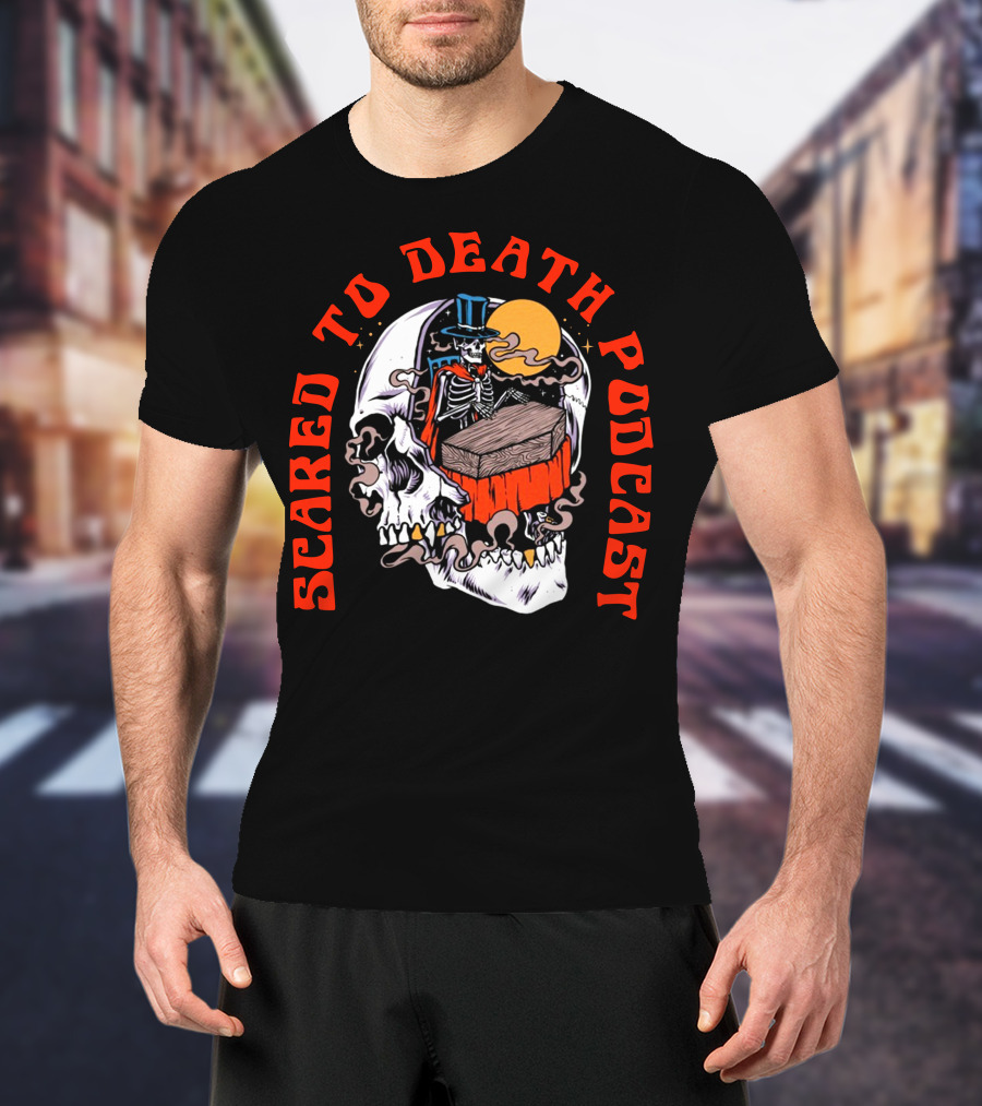 Scared To Death Podcast Skeleton Coffin Moon Skull T-Shirt