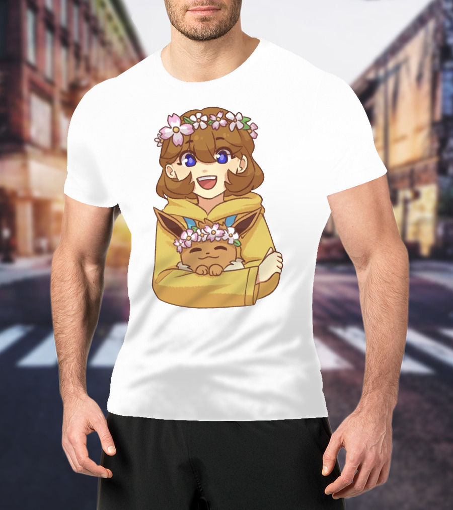 Ash With Flower Crown And Eevee Hugging T-Shirt