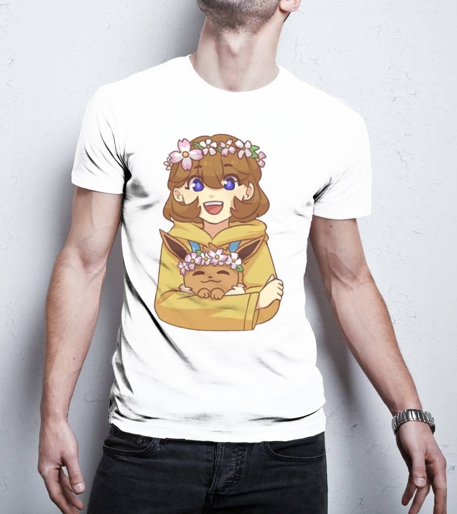 Ash With Flower Crown And Eevee Hugging T-Shirt