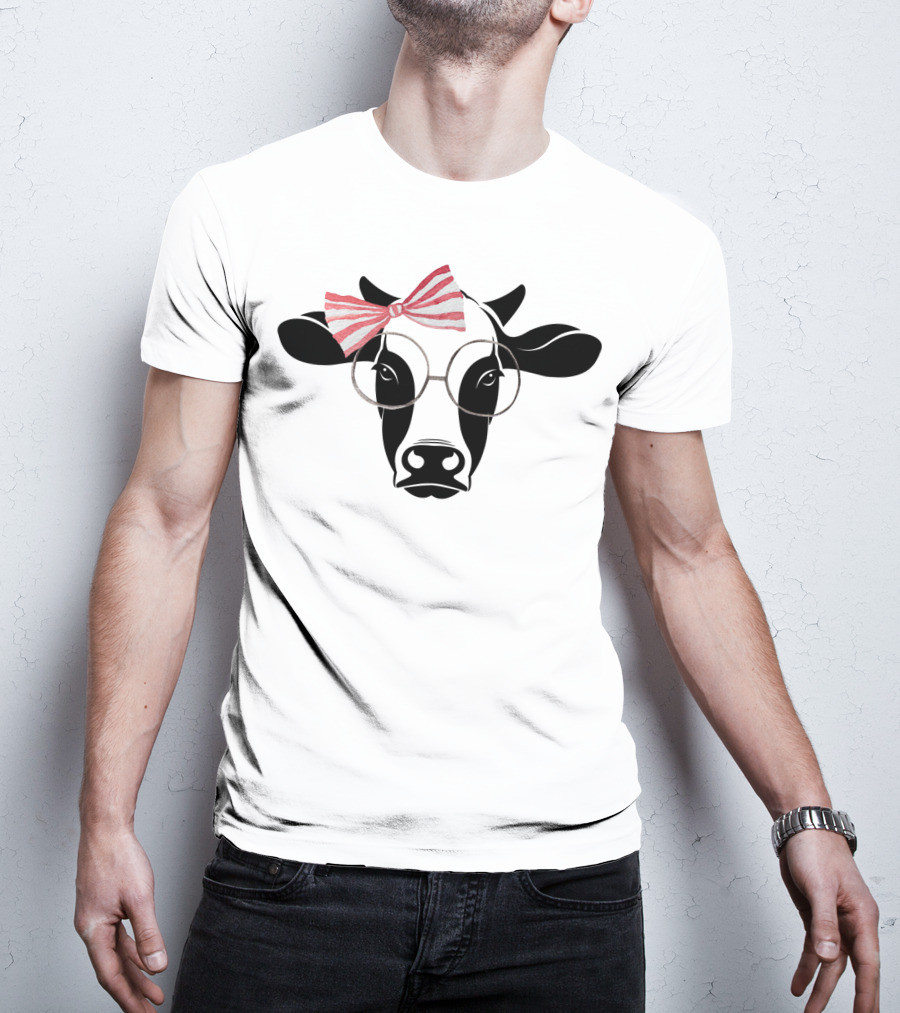 Cute Cow With Pink Striped Bow And Glasses T-Shirt