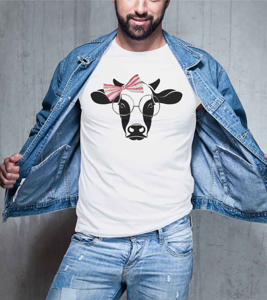 Cute Cow With Pink Striped Bow And Glasses T-Shirt