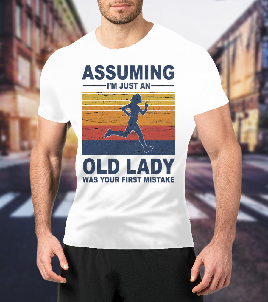 Assuming I'm Just An Old Lady Running Silhouette Retro Stripes T-Shirt