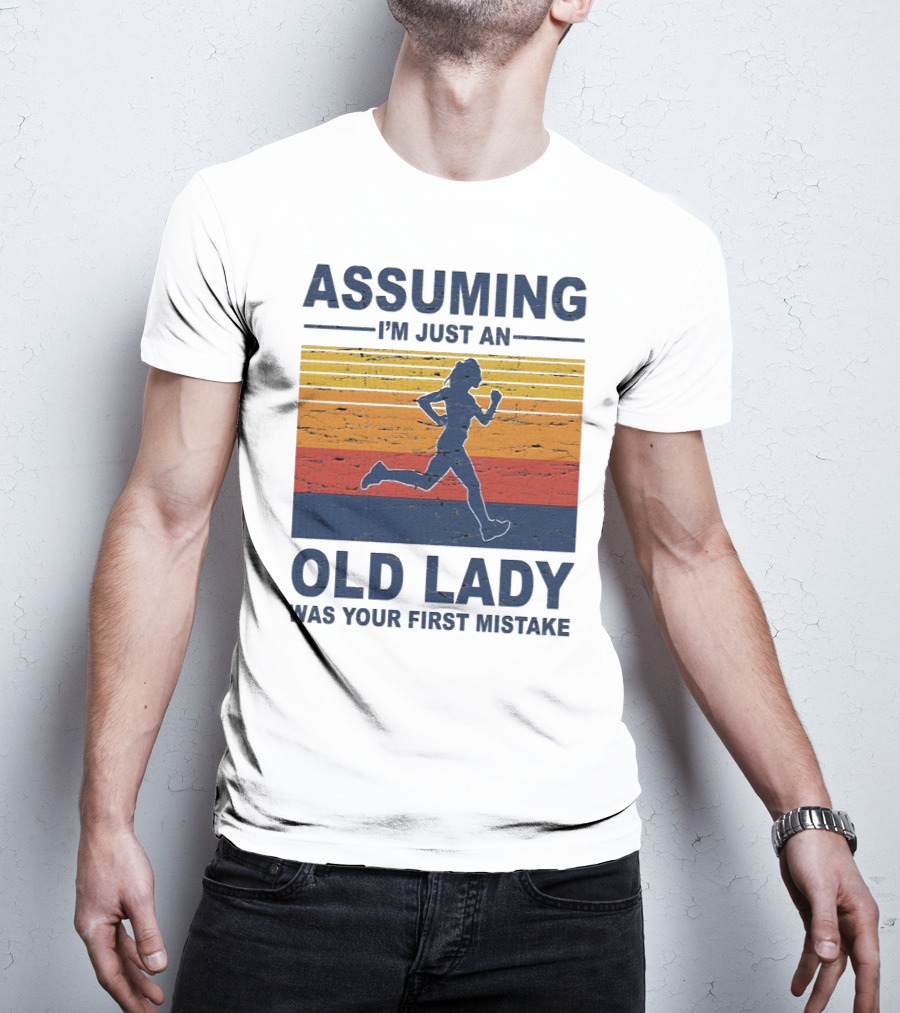 Assuming I'm Just An Old Lady Running Silhouette Retro Stripes T-Shirt