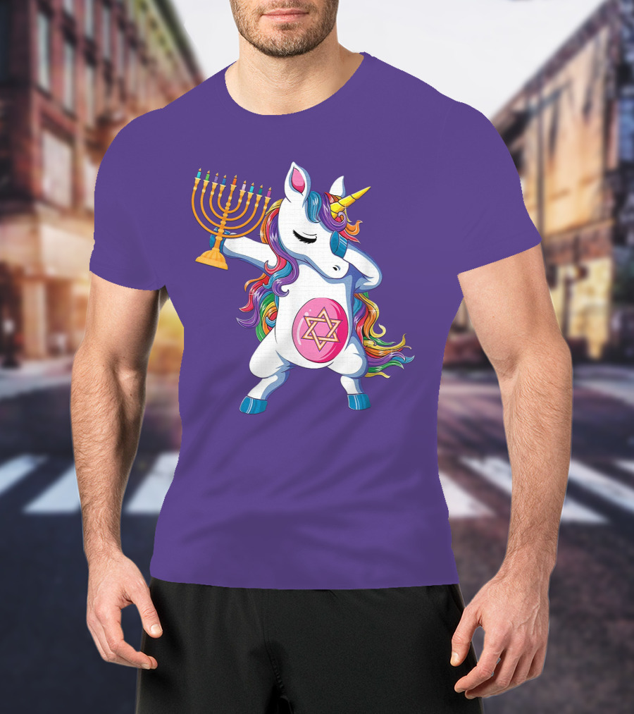 Jewnicorn Hanukkah Unicorn Dabbing With Menorah And Star Of David T-Shirt