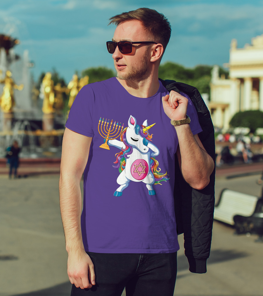 Jewnicorn Hanukkah Unicorn Dabbing With Menorah And Star Of David T-Shirt