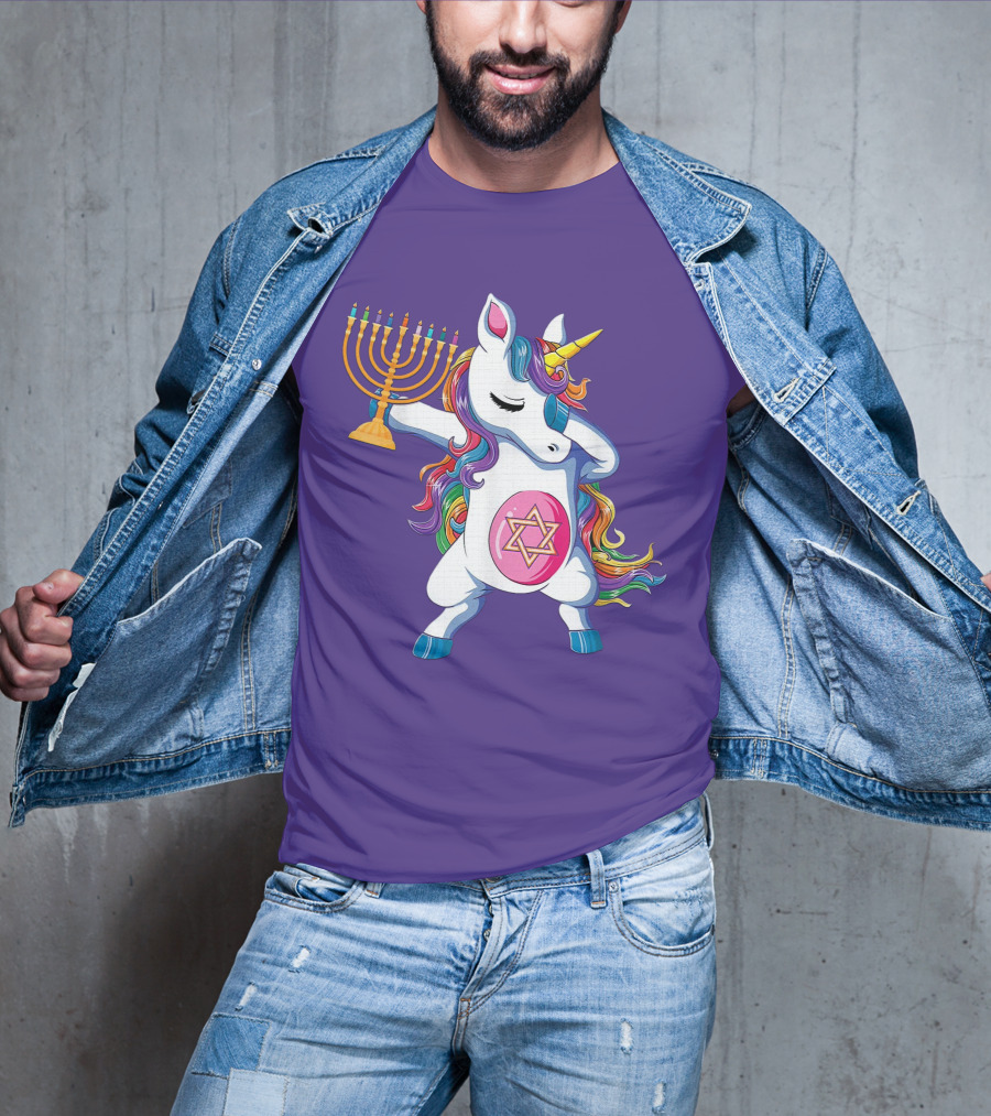 Jewnicorn Hanukkah Unicorn Dabbing With Menorah And Star Of David T-Shirt